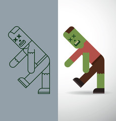 Vector cartoon flat image of a green zombie man without eyes in a pink shirt, brown pants and black boots on a light background and contour of the image of this zombie man on a gray background.