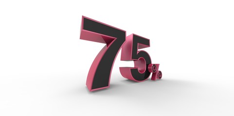 3D rendering of a pink and black 75 percent letters on a white background