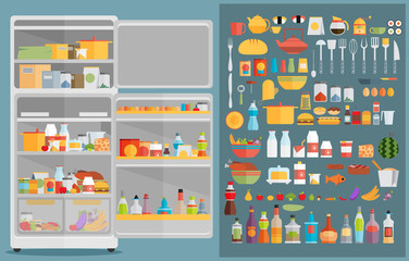 Illustration of Refrigerator with food,drinks and kitchenware