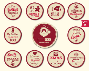 Christmas Badge and Design Elements with funny signs, quotes for kids. New Year labels, Holiday santa elements collection 2 isolated on white background. Vector