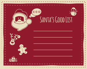 Santa's good list background concept for kids, with space for text. Funny characters included - snowman deer and sweets, gifts. New year, xmas celebration. Vector illustration
