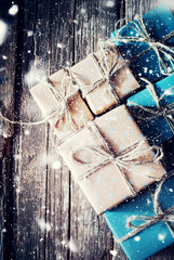 Boxes in Paper with Linen Cord. Effect Drawn Snow