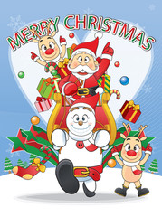 Naklejka premium merry Christmas Santa, Snowman, Reindeer Cartoon. 