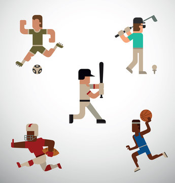 Vector flat image of of five sportsmens: football player, golf player, baseball player, American football player and basketball player with different sports equipment on a light background.