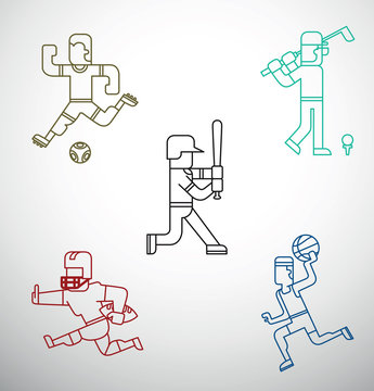 Vector contour of the image of five sportsmens: football player, golf player, baseball player, American football player and basketball player with different sports equipment on a light background.