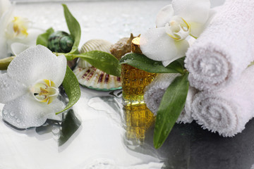 Fototapeta na wymiar Spa orchid green towel