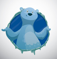 Vector Polar bear, Label. Cartoon image of a round blue ice label with a funny white polar bear on a white snowy background.