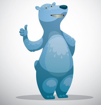 Vector Polar bear endorses. Cartoon image of a funny white polar bear with a raised thumb on a white snowy background.