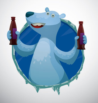 Vector Polar bear with drinks, Label. Cartoon image of a round blue ice label with a funny white polar bear with bottles of drinks in his paws on a white snowy background.