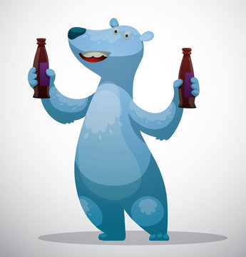Vector Polar bear with drinks. Cartoon image of a funny white polar bear with bottles of drinks in his paws on a white snowy background.