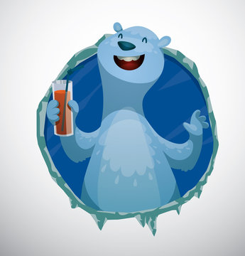 Vector Polar bear with glass of juice, Label. Cartoon image of a round blue ice label with a funny white polar bear with glass of juice in his paw on a white snowy background.