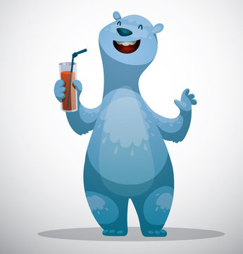 Vector Polar bear with glass of juice. Cartoon image of a funny white polar bear with glass of juice in his paw on a white snowy background.