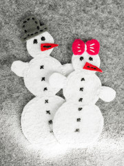 Christmas background with felt decoration: couple of snowman