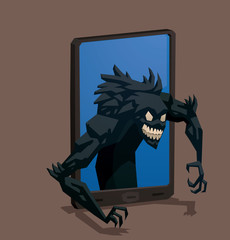 Vector Monster from smartphone. Cartoon image of black smartphone with blue screen and gets out of it dark gray monster with sharp teeth on a gray background. © Ivan Nikulin