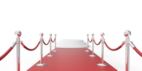 White podium on red carpet VIP way chrome silver fence on white gray background