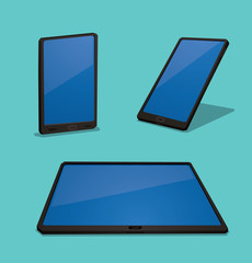Vector Smartphone and Tablet. Image of three black smartphone and tablet with a blue screen on a blue background.