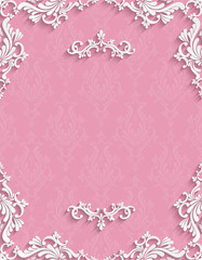 Vector Pink 3d Vintage Invitation Card with Floral Damask Pattern