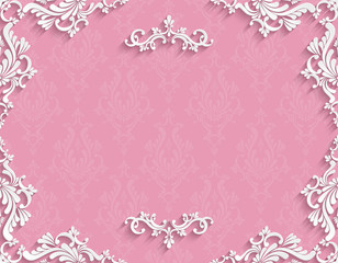 Vector Pink 3d Vintage Invitation Card with Floral Damask Pattern
