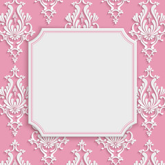 Vector Pink Vintage Invitation Card with 3d Floral Damask Pattern