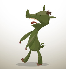 Vector Halloween Pig Zombie. Cartoon image of green pig in the image of Zombie on a light background. In the theme of Halloween.