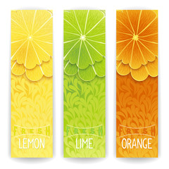 Three bright banner with stylized citrus fruit and textured background. Lemon, lime and orange fresh juice