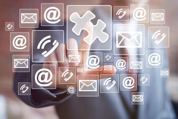 Businessman push button piece puzzle web network mail