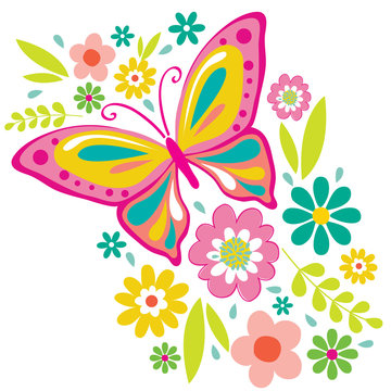 Spring Flowers and Butterfly Illustration. EPS 10 & HI-RES JPG Included 