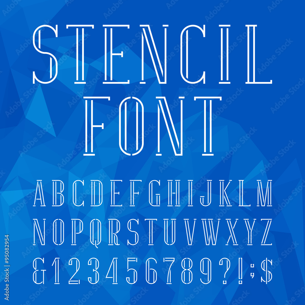 Fototapete stencil alphabet vector font. serif type letters, numbers and symbols on the abstract polygonal back