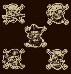 Vector Black Pirate skulls, set. Cartoon image of five different pirate skulls on a dark  background. Monochrome illustration. Looks like a engraving.