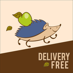 Shipping, vector logo. Hedgehog runs with green Apple on the bac