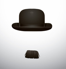 Vector Hat and mustache. Cartoon image of a black bowler hat and black mustache on a light background. - obrazy, fototapety, plakaty