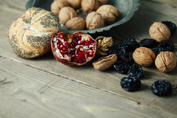 various healthy organic food on wooden table