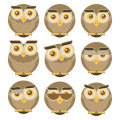 Fototapeta premium Set of owls isolated on white background. Flat icons. Vector 