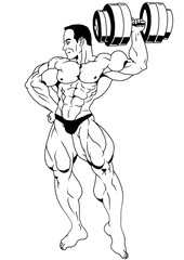 Fototapeta na wymiar bodybuilder posing with dumbbells,illustration,ink,black and white,logo,outline,isolated on a white
