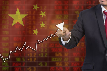 Flag of China. Downtrend stock data diagram with Business man pu