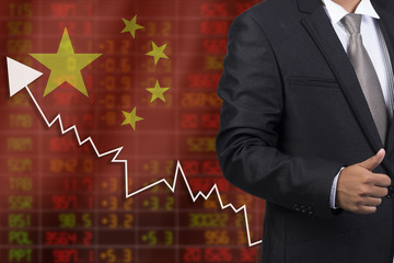 Flag of China. Downtrend stock data diagram with business man