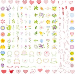 Set of wedding graphic set- wreath, flowers, arrows, hearts, laurel, ribbons and labels, brushes depicting an award achievement heraldry nobility, hand drawing vector illustration