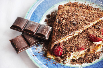 Delicious Czech sweet breakfast - Strawberry and chocolate pancake