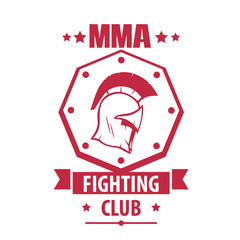 MMA Fighting Club red vintage logo, emblem with spartan helmet on octagon, vector illustration