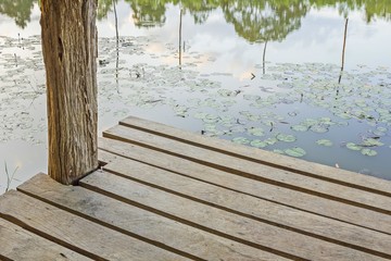 foundation pile, wood terrece floor on Lotus pool background and texture