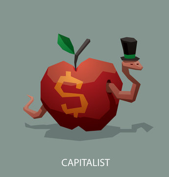 Vector Worm the capitalist. Cartoon image of a pink worm the capitalist in a black tall hat with a green ribbon to get out of a red apple with yellow dollar sign on a gray background.