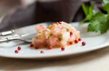 Delicious raw shrimps tartare