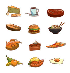 Vector image set of food: cheese, coffee, steak meat, fish steak, hamburger, noodles, fried chicken, cake, pizza, fruits, sausages with mashed potatoes and fried eggs on a light background.