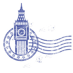 Grunge round stamp with Big Ben - landmark of London
