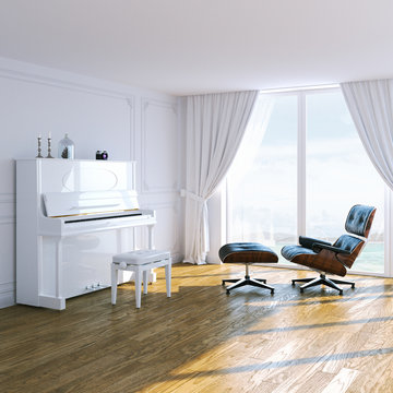 New Contemporary White Interior With Classic Piano And Lounge Chair. Big Windows With View On Ocean Beach