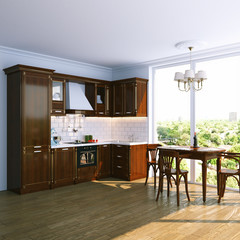 Classic Kitchen Interior with Dining Table and Chairs in new Room with Big Windows. 3D render