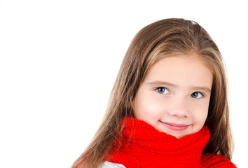 Adorable smiling little girl in red scarf isolated