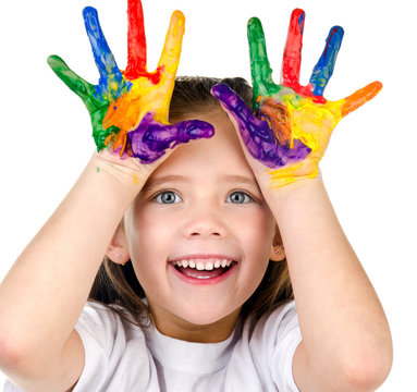 Happy Cute Little Girl With Colorful Painted Hands