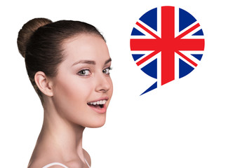 Beautiful woman speak. Bubble country flag