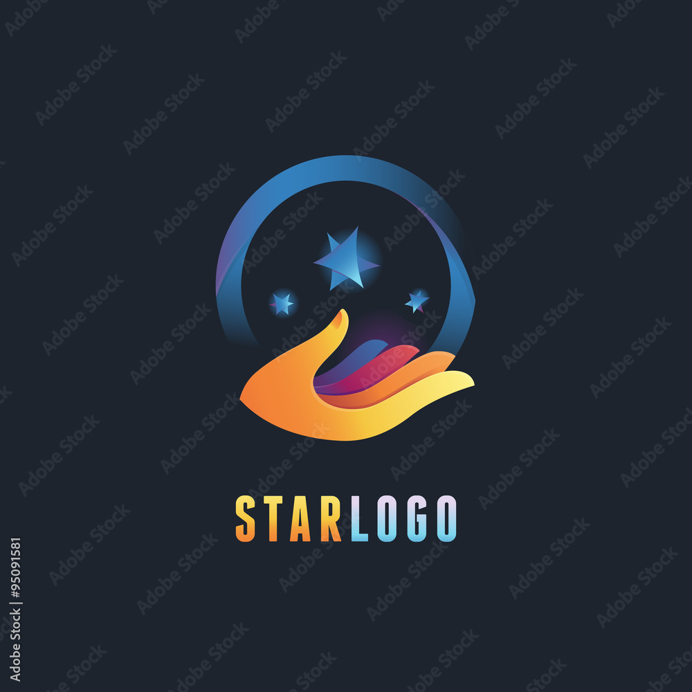 Poster Vector abstract emblem and logo design template in gradient colors - hand icons with stars - knowledge and magic concepts